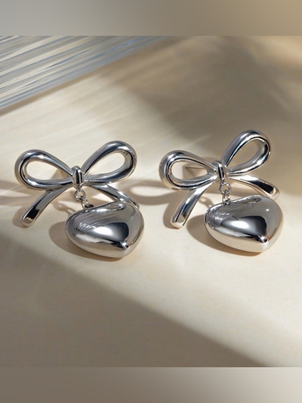 Silver Bow Heart Earrings